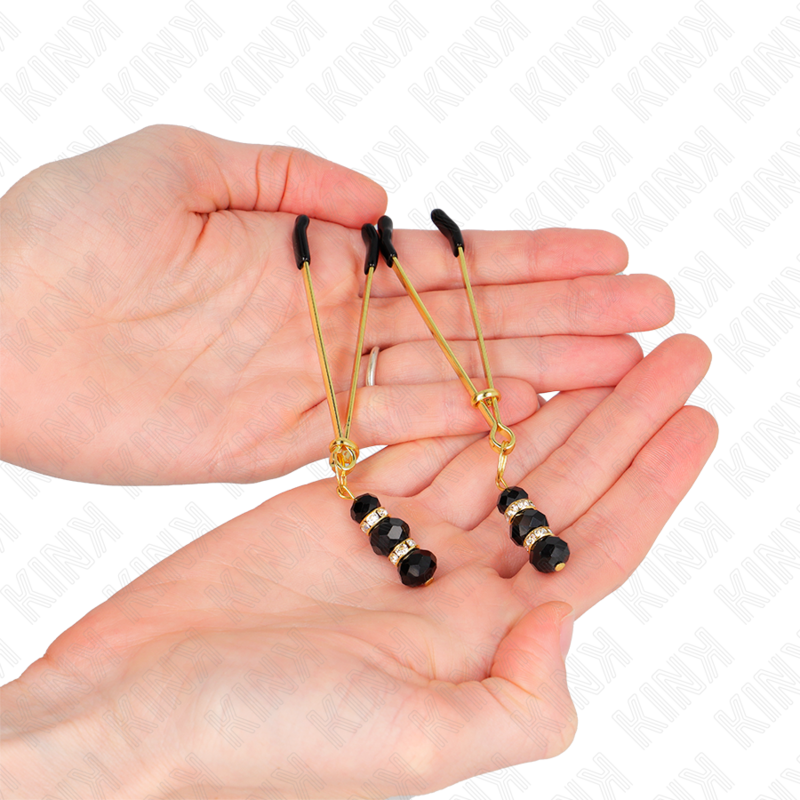 KINK - PINZAS PARA PEZONES DORADA FINA CON TRIPLE BOLA DE VIDRIO NEGRO 7 CM - Imagen 2