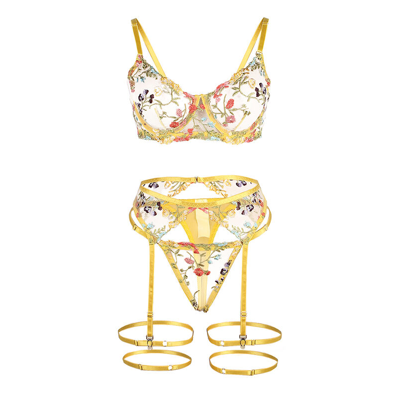 SUBBLIME - 954352 SUJETADOR + TANGA + LIGUEROS DISEÑO FLORAL AMARILLO L/XL - Imagen 2