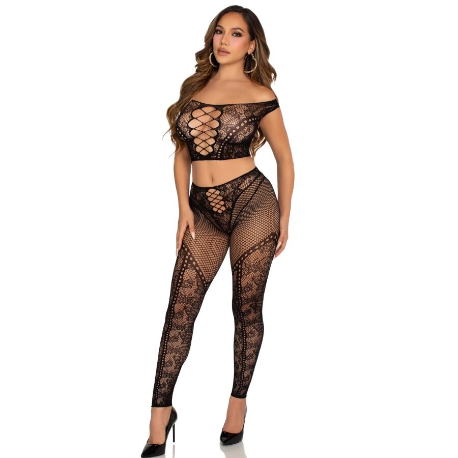 LEG AVENUE - CROP TOP Y LEGGING DE REJILLA CON HOMBROS DESCUBIERTOS NEGRO - Imagen 3