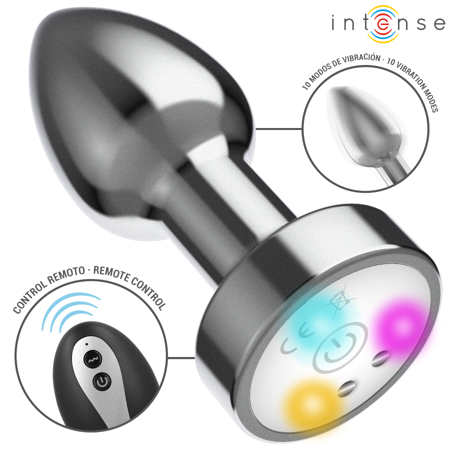 INTENSE - PLUG ANAL TALLA S DE METAL VIBRADOR CON LUCES LED MULTICOLOR Y CONTROL REMOTO - Imagen 2