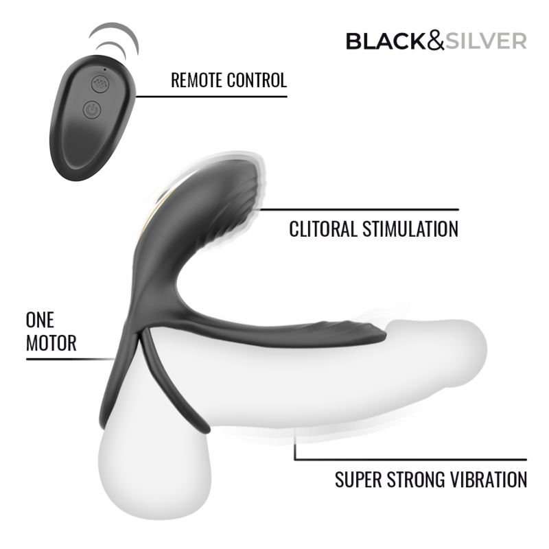 BLACK & SILVER - RIPLEY ANILLO VIBRADOR RECARGABLE CON CONTROL REMOTO NEGRO - Imagen 2