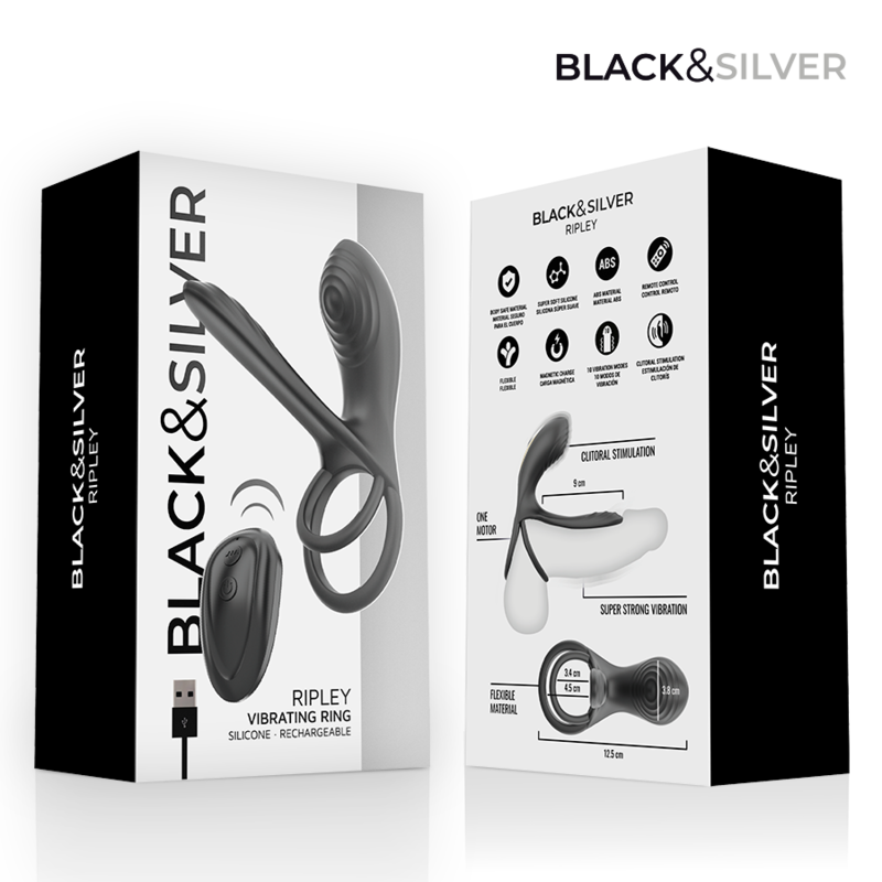 BLACK & SILVER - RIPLEY ANILLO VIBRADOR RECARGABLE CON CONTROL REMOTO NEGRO - Imagen 6