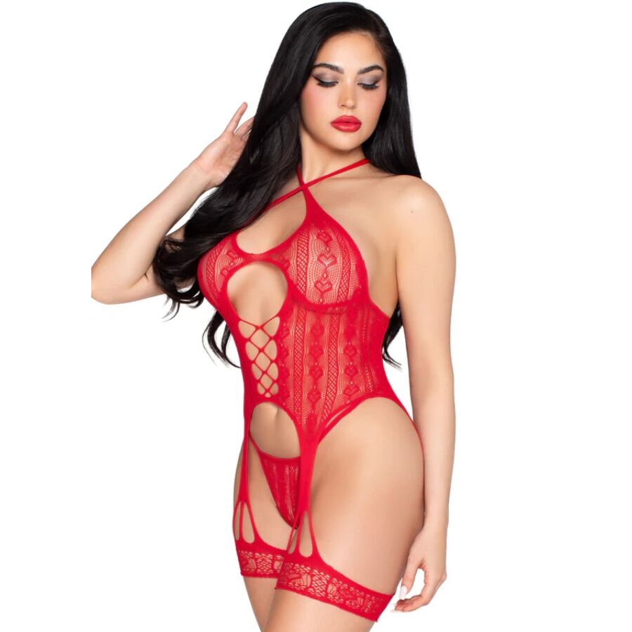 LEG AVENUE - 89338 LACE OPEN BODYSUIT WITH GARTER BELT + THONG RED - ONE SIZE - Image 2